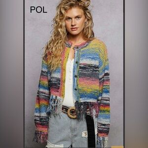 BO217-3💙💗POL perfect elevated Multicolored Abstract cardi w/on trend fringe! Wow